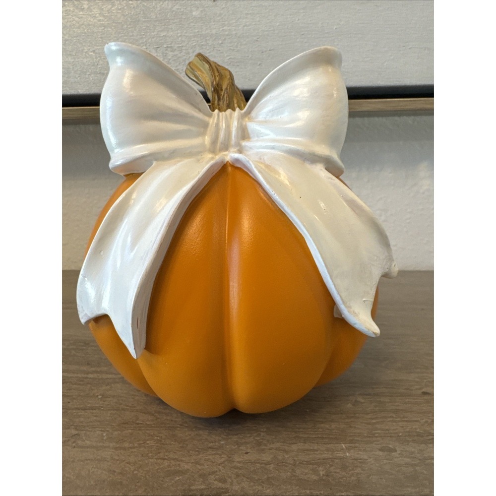 Hobby Lobby NEW Chic Orange Pumpkin w/‎ White Bow 8"  Fall Harvest Centerpiece